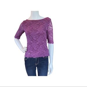 Elbow Length Sleeve Plum Scalloped Lace Blouse - Small